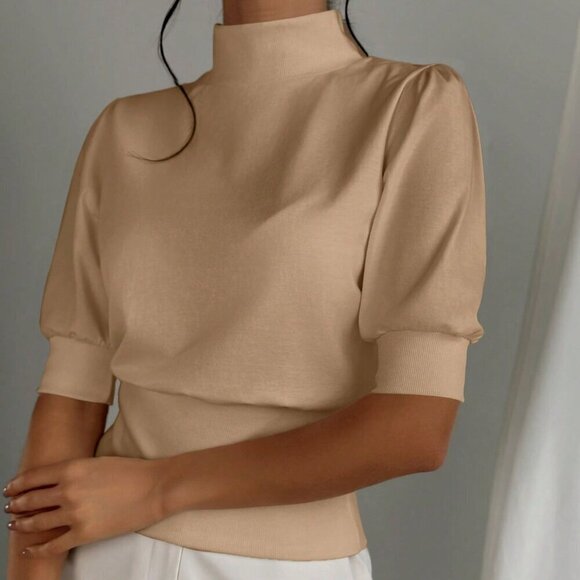 Apricot Women's Color Stand Collar Waist Cinched Bubble Sleeve Shirt - Picture 6 of 6